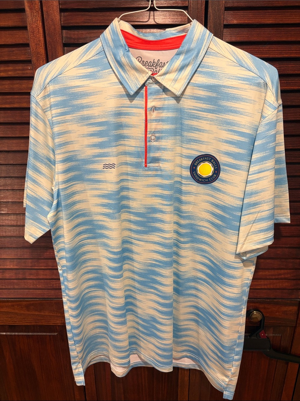 RSVLTS Breakfast Ball Light Blue & White Wave-Print Golf Polo with Red Placket